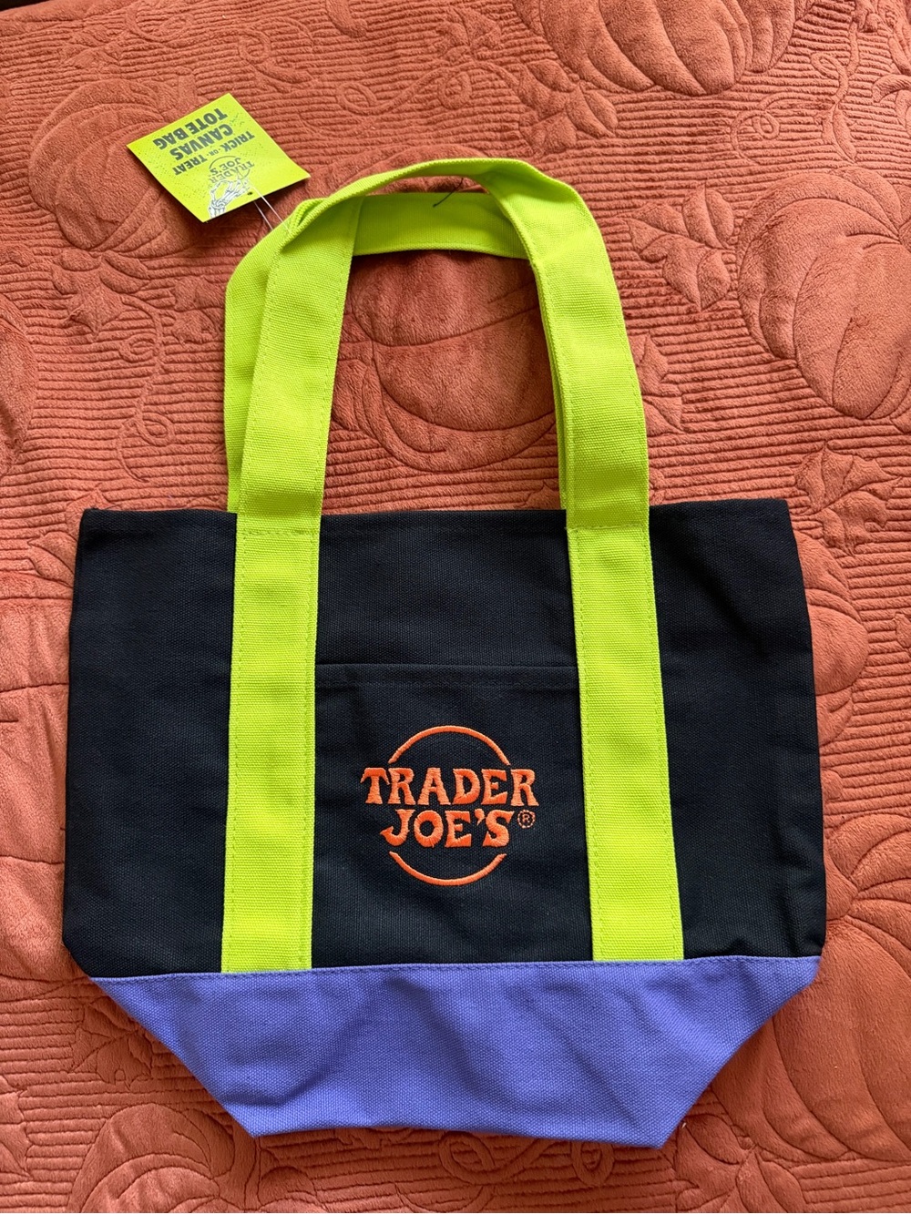 Trader Joe's Black Canvas Tote with Lime Handles and Purple Base